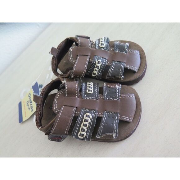 OshKosh B'gosh Boy’s Size 3 Tan/Dark Brown Fisherman Hook n Loop Strap Sandal - Picture 3 of 7